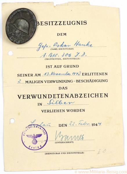 Verwundetenabzeichen 1939 in Silber + Verleihungsurkunde