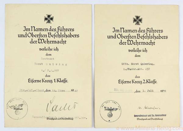 Verleihungsurkunden zum Eisernen Kreuz 2. Klasse u. 1. Klasse (Frankreich und Ostfeldzug)