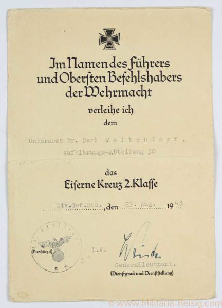 Verleihungsurkunden zum Eisernen Kreuz 2. Klasse 1939