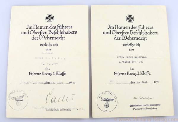 Verleihungsurkunden zum Eisernen Kreuz 2. und 1. Klasse 1939