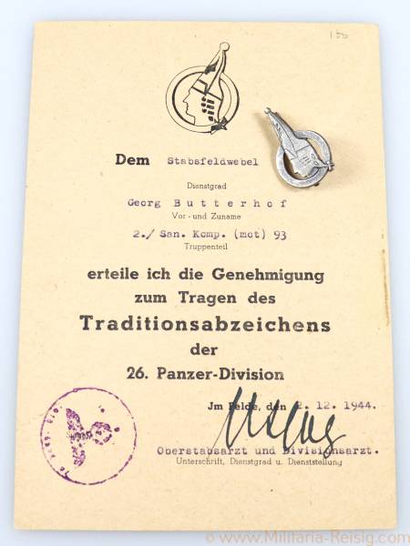 Traditionsabzeichen der 26. Panzer-Division mit Verleihungsurkunde