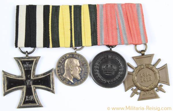 Ordensspange mit 4 Auszeichnungen, (EK 2 1914, DA 3. Kasse, MVM, Frontkämferkreuz)