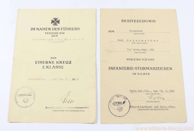 2 Urkunden Karl Schuhmacher2 Verleihungsurkunden – Eisernes Kreuz 2. Klasse & Infanterie-Sturmabzeichen in Silber – Karl Schuhmacher