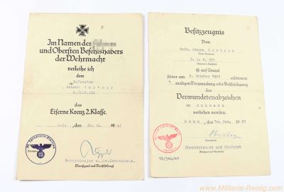 2 Verleihungsurkunden – Eisernes Kreuz 2. Klasse und Verwundetenabzeichen in Schwarz – Gefreiter Johann Wartner